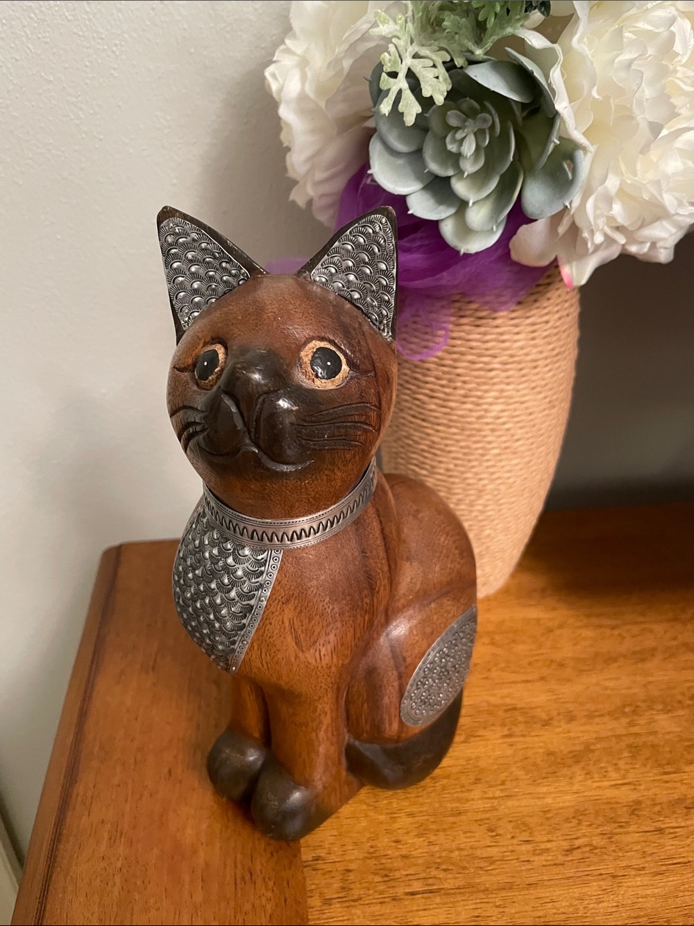 Vintage Hand Carved Wooden Cat Figure Statue with Silver Metal Accents 9 3/4”H